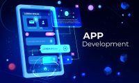 App development banner, adaptive layout application web interface on smartphone touch screen, user software API prototyping, testing, neon glowing background. Cartoon vector illustration, landing page